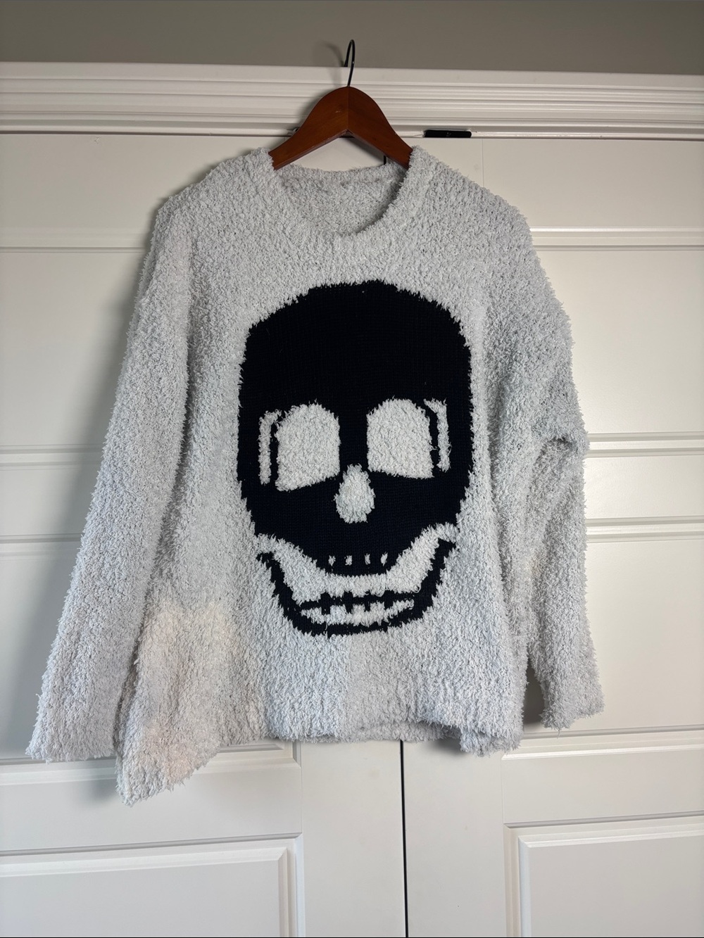 SHEIN White Fuzzy Sweater with Black Skull Graphic